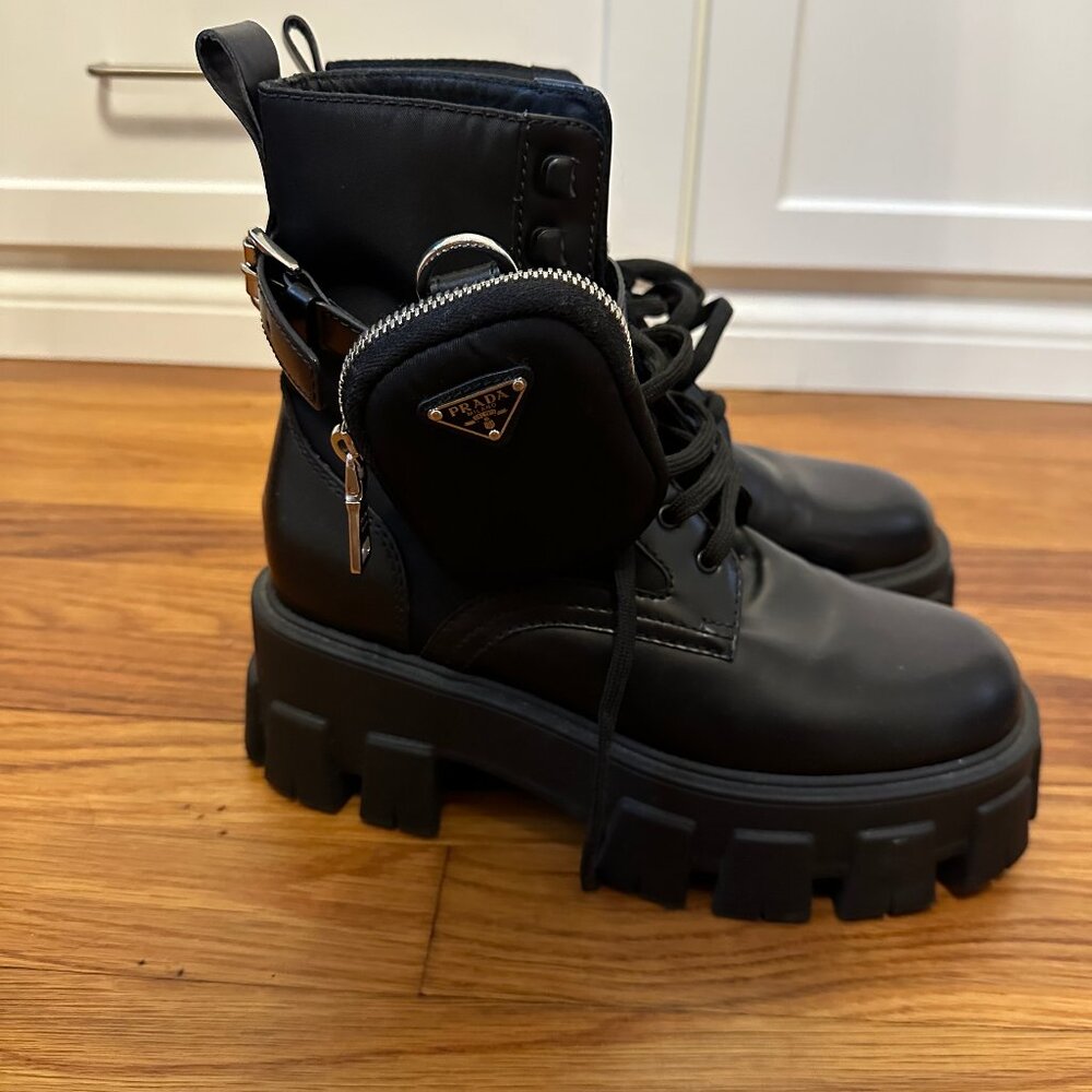 PRADA Monolith brushed leather and Re-Nylon combat boots with pouch